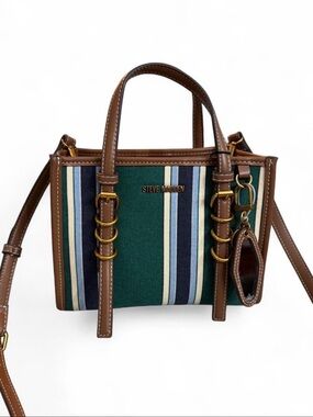 Steve Madden Green Striped Mini Tote with Brown Trim